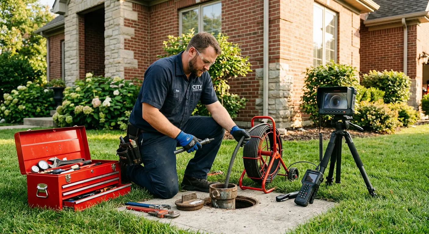 Sewer specialist with camera equipment servicing a cleanout in Highgrove
