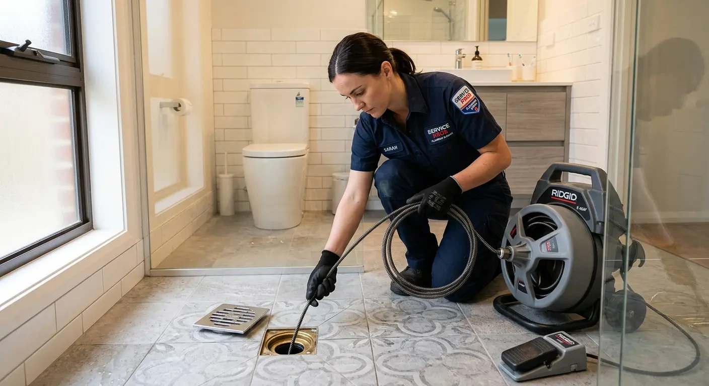 Technician clearing a bathroom floor drain for Sewer Line Installation in Highgrove